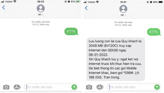 Kiểm tra data Viettel bằng tin nhắn qua 191