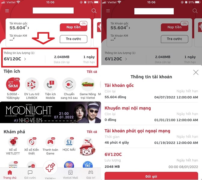 Tra cứu dung lượng data Viettel bằng App My Viettel